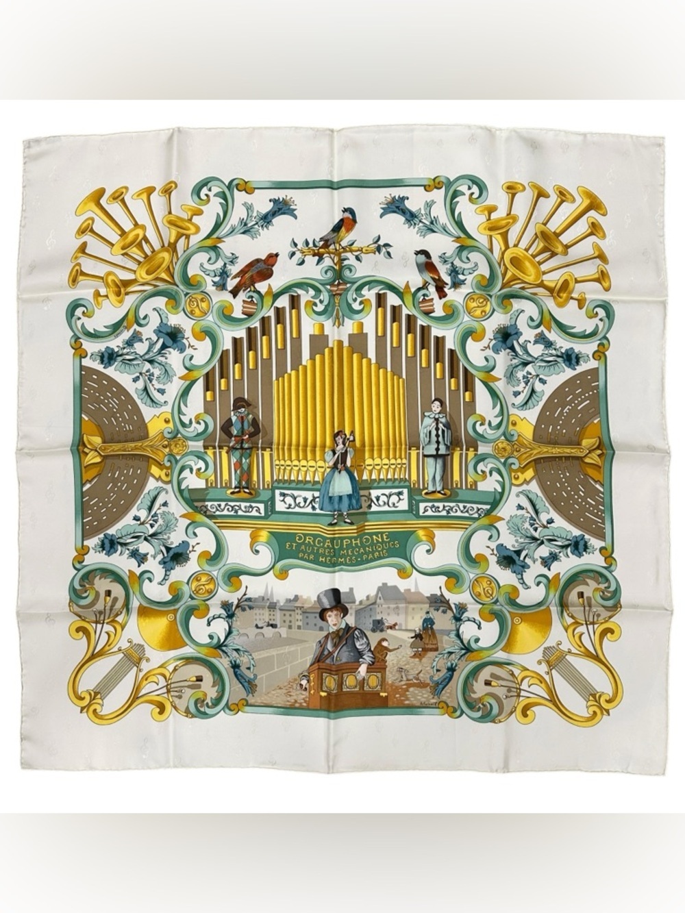 Hermes 100% Silk “Orgauphone” White Gold Green & Blue Birds 90x90cm Large Scarf